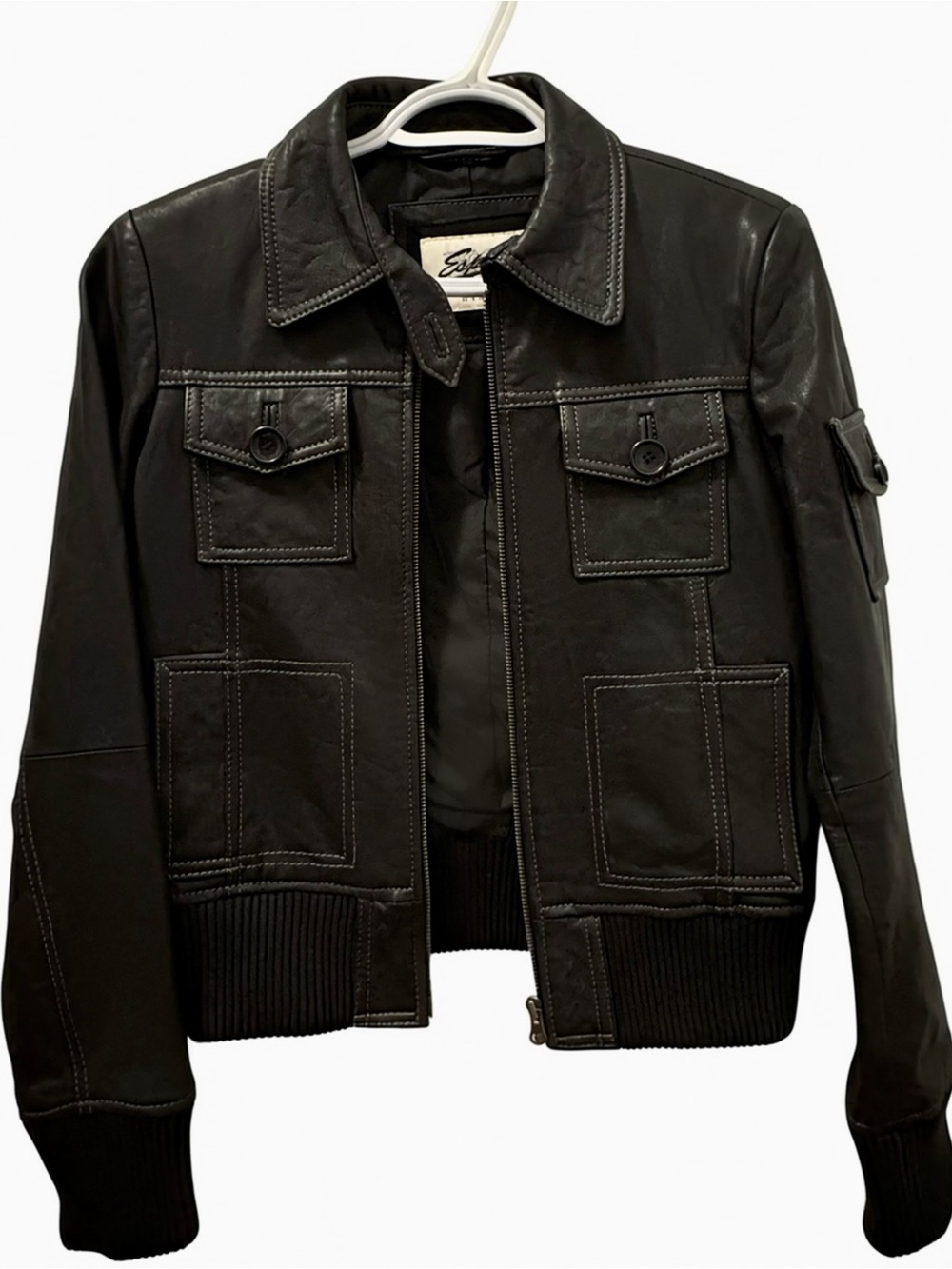 Esprit Genuine Leather Utility Bomber Jacket Black XS